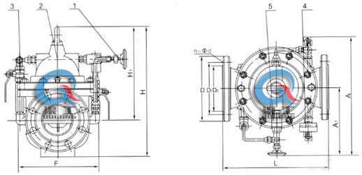 300X緩閉止回閥 外形結構圖 (1、針閥2、主閥3、球閥4、壓力表5、單向閥）